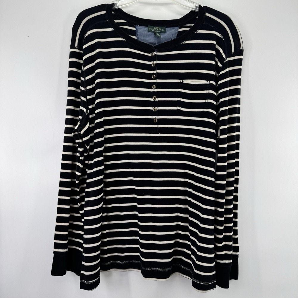 Lauren Ralph Lauren Henley Top Women Plus Sz 3X Black Stripe Americana Nautical